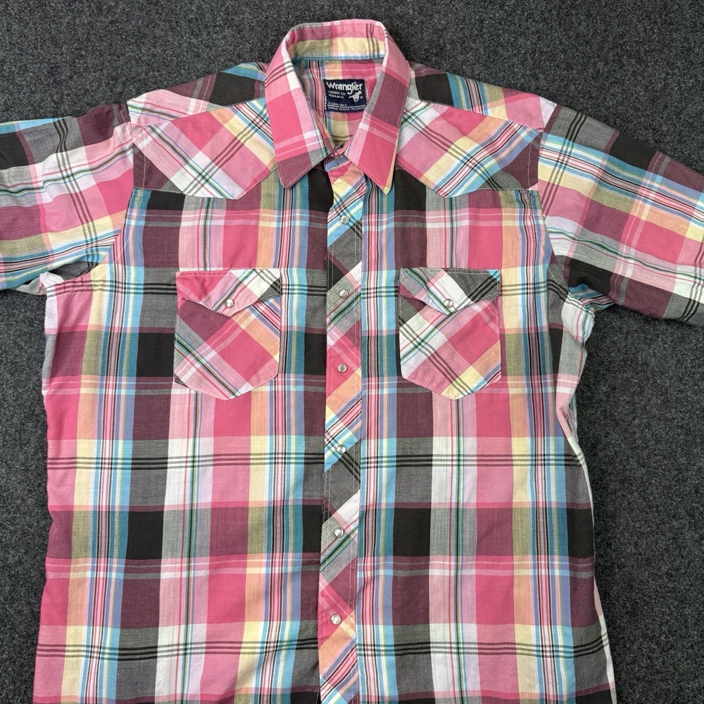 Wrangler Cowboy Cut Western Shirt Pearl Snap Plaid Pink Blue Vintage Rodeo Ranch